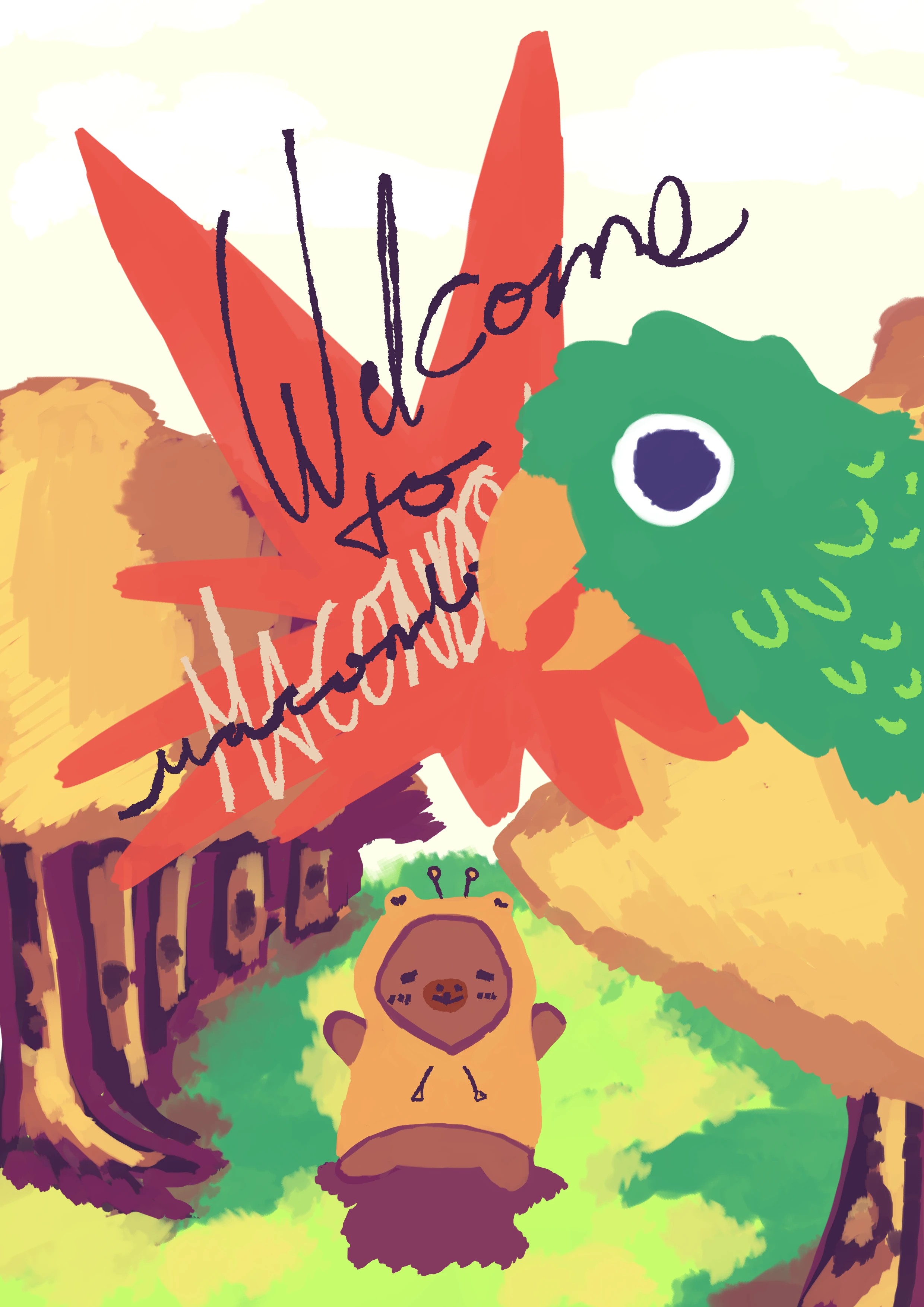 A painted welcome to Macondo: a scarlet macaw and a parrot over the Colombian hills, with a small creature waiting on the path below.